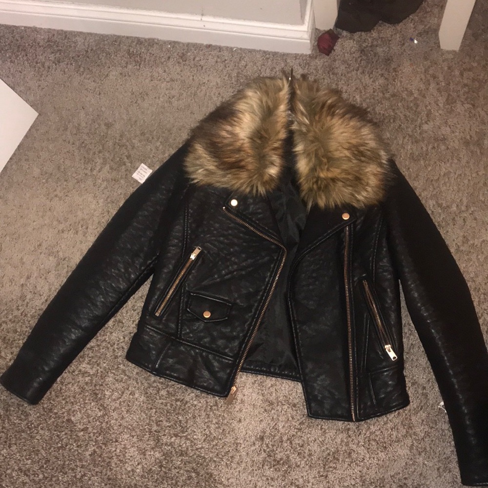 Faux leather jacket w/ removable faux fur